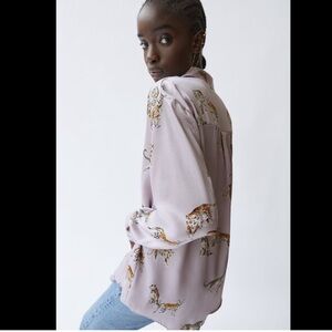 Zara pink/lilac Satin Flowy Animal Leopard print blouse size S